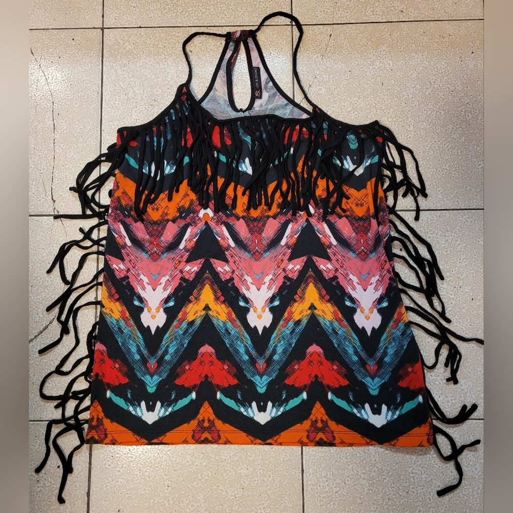Love & Legend Multicolor Fringe Halter Top.  Available in 2 Sizes X & 1X